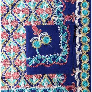Aghabani Tablecloth & 12 Napkins Set Multicolor Embroidered on Blue 96x56 Inches